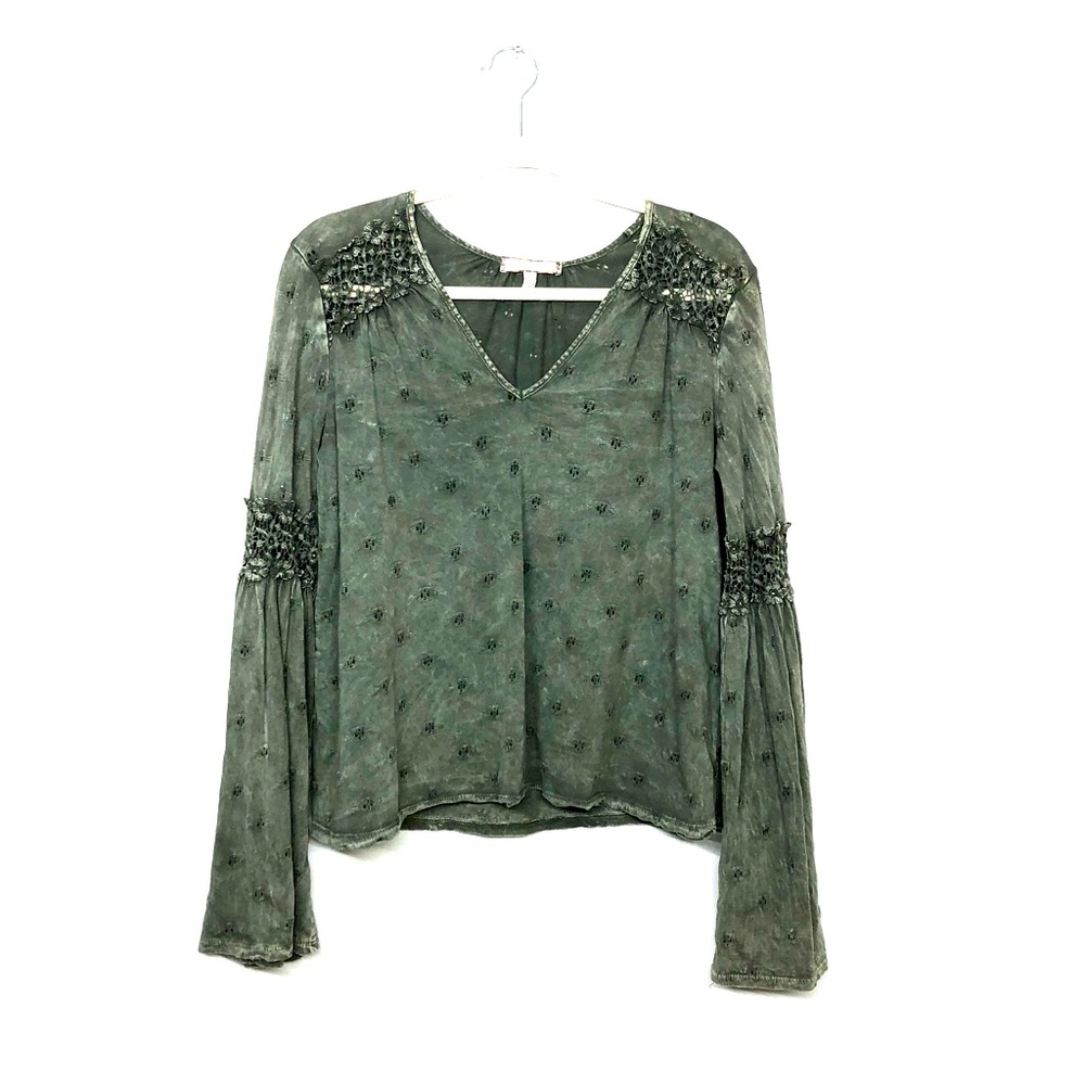 Anthropologie Eri + Ali Sage Green Eyelet Bell Sleeve Blouse S